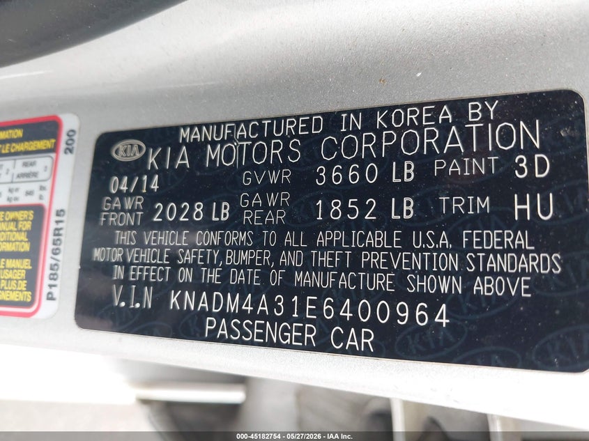 2014 Kia Rio Lx VIN: KNADM4A31E6400964 Lot: 45182754