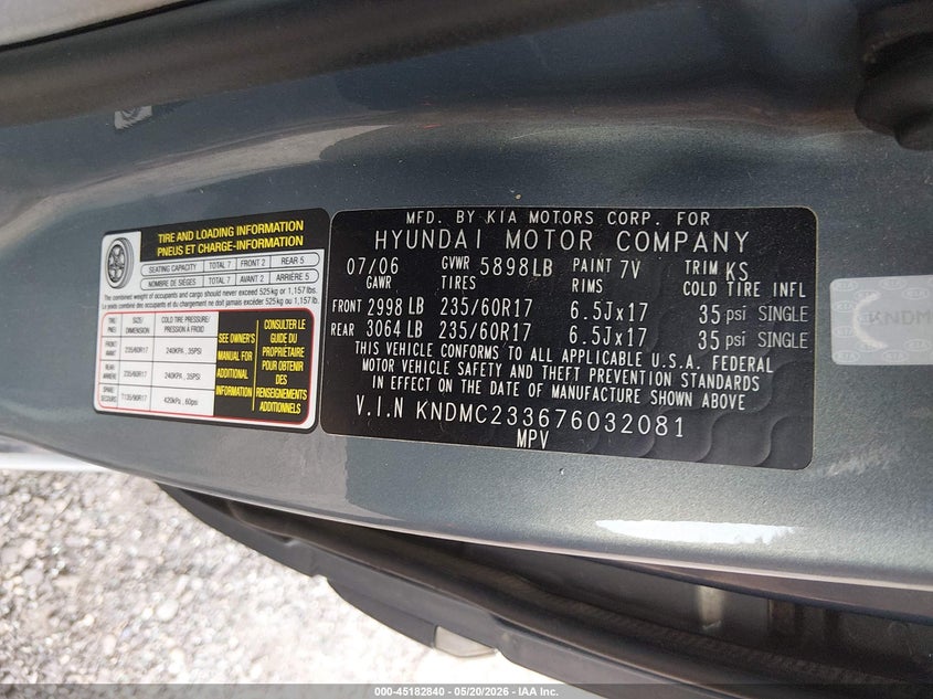 2007 Hyundai Entourage Gls/Limited/Se VIN: KNDMC233676032081 Lot: 45182840