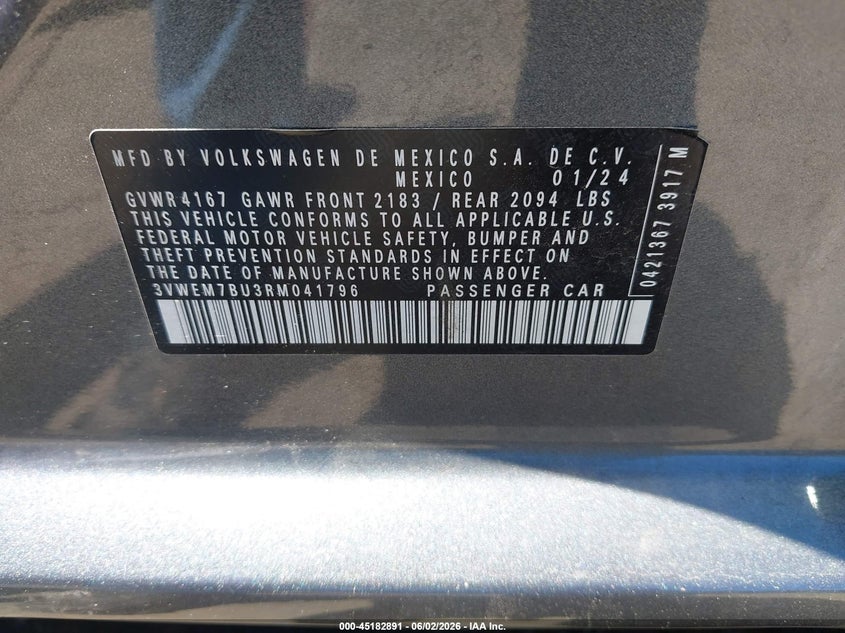 VIN 3VWEM7BU3RM041796 2024 VOLKSWAGEN JETTA 1.5T SE