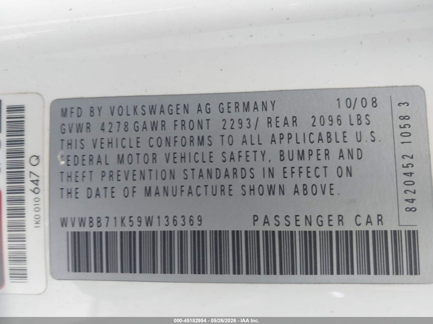 2009 Volkswagen Rabbit S VIN: WVWBB71K59W136369 Lot: 45182954