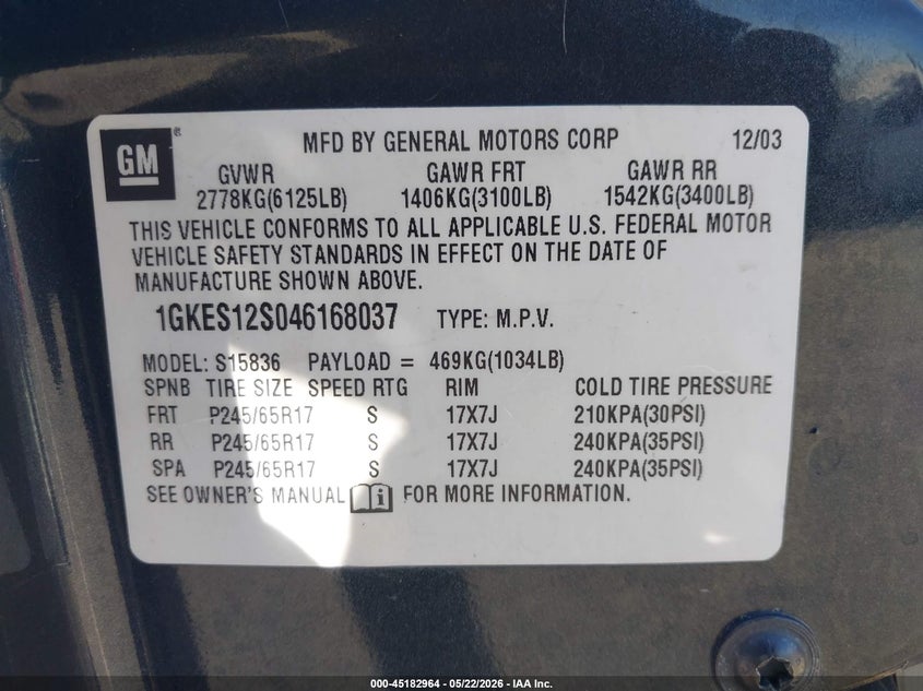 2004 GMC Envoy Xuv Slt VIN: 1GKES12S046168037 Lot: 45182964
