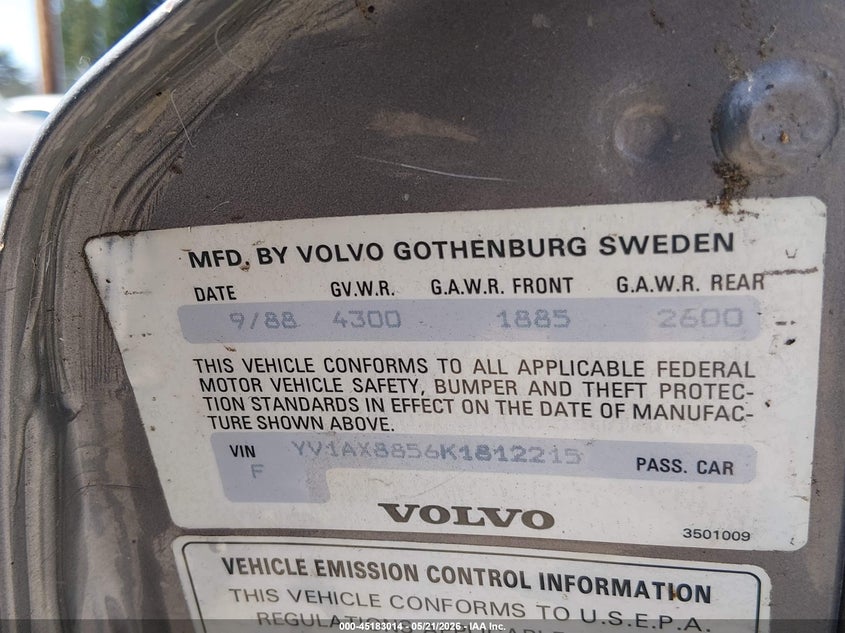 1989 Volvo 245 Dl/Gl VIN: YV1AX8856K1812215 Lot: 45183014