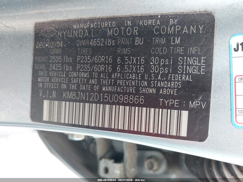 2005 Hyundai Tucson Gls/Lx VIN: KM8JN12D15U098866 Lot: 45183034