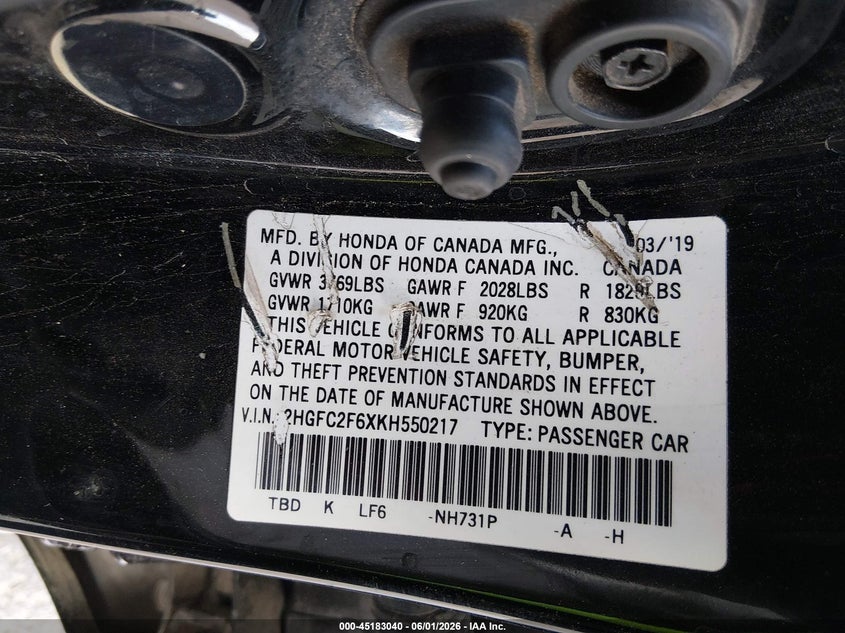 VIN 2HGFC2F6XKH550217 2019 HONDA CIVIC LX