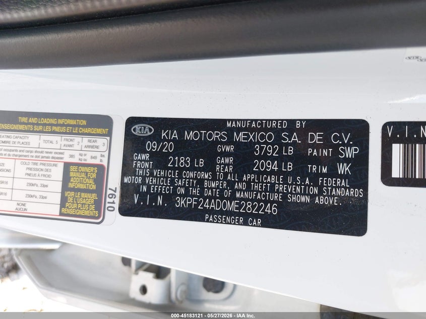 VIN 3KPF24AD0ME282246 2021 KIA FORTE LXS