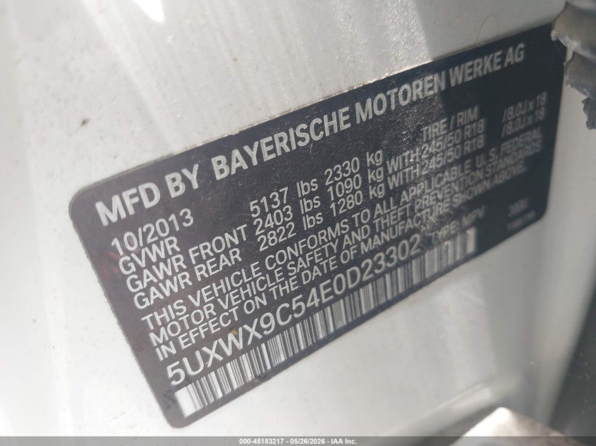 2014 BMW X3 xDrive28I VIN: 5UXWX9C54E0D23302 Lot: 45183217