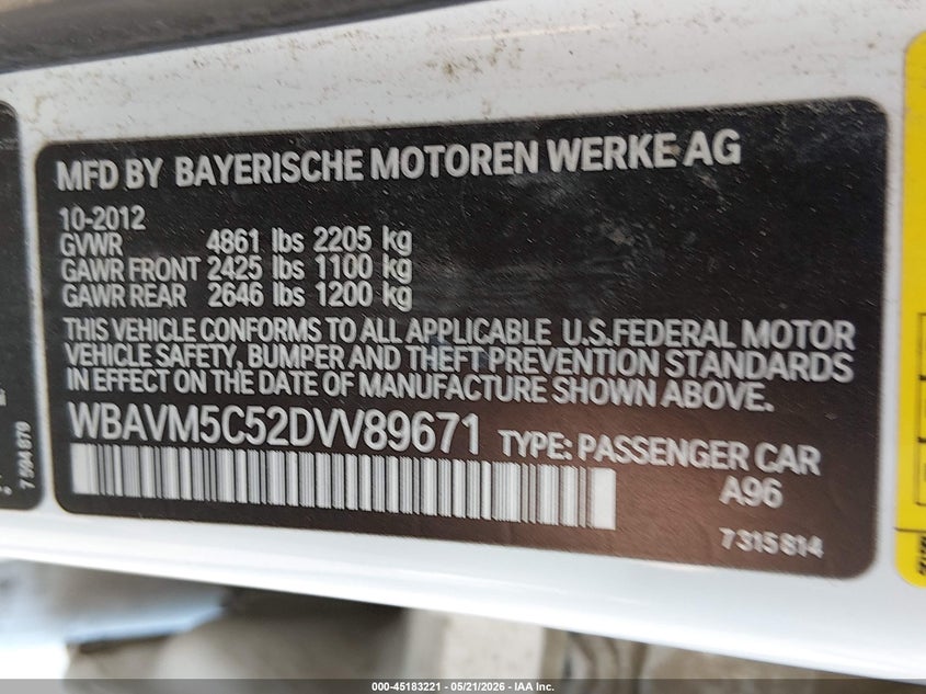 2013 BMW X1 xDrive35I VIN: WBAVM5C52DVV89671 Lot: 45183221