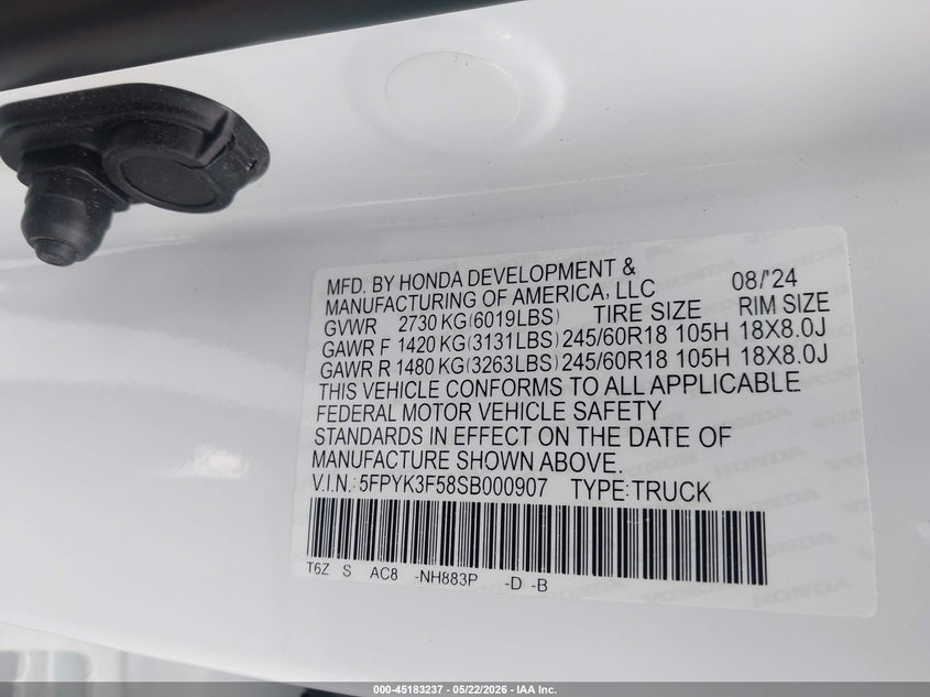 2025 Honda Ridgeline Rtl VIN: 5FPYK3F58SB000907 Lot: 45183237