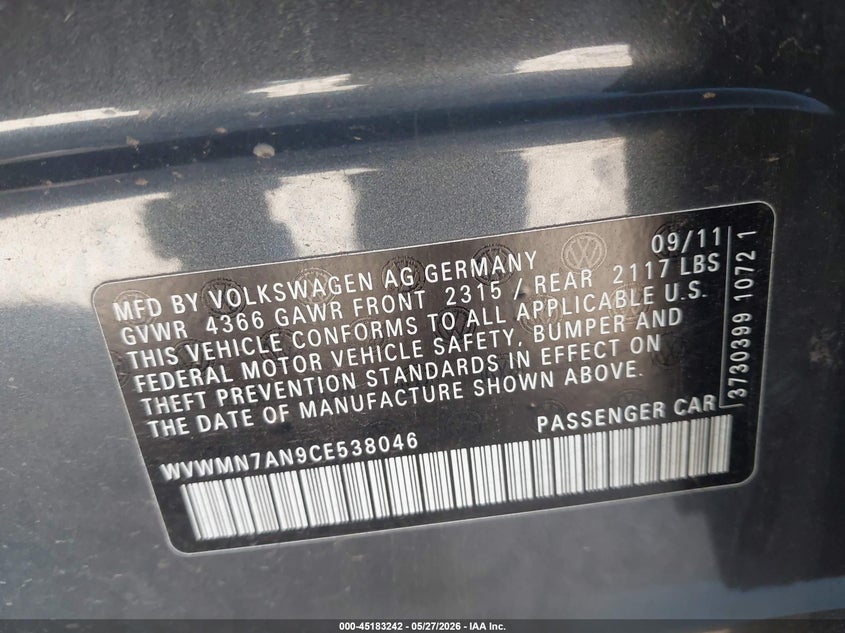 2012 Volkswagen Cc Sport VIN: WVWMN7AN9CE538046 Lot: 45183242