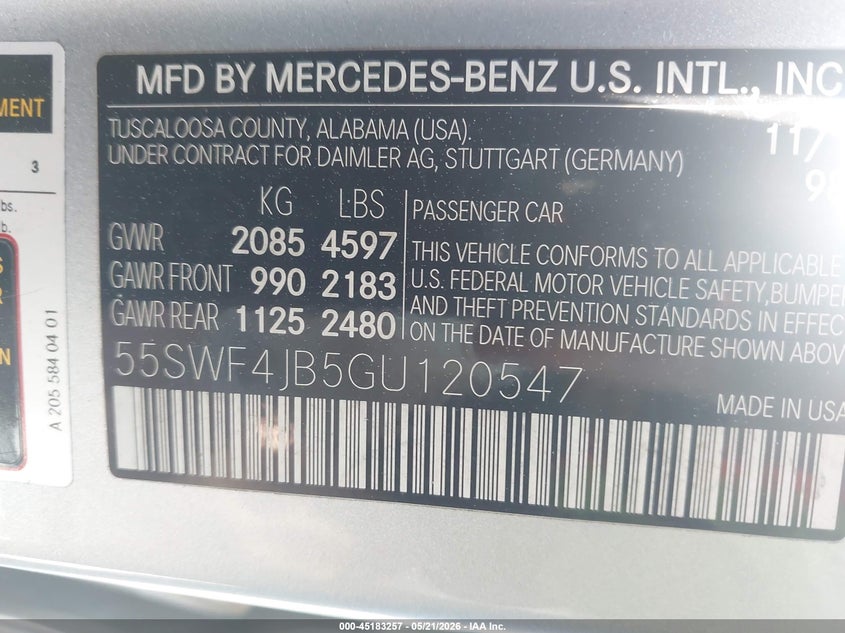 MERCEDES-BENZ C 2016 VIN 55SWF4JB5GU120547