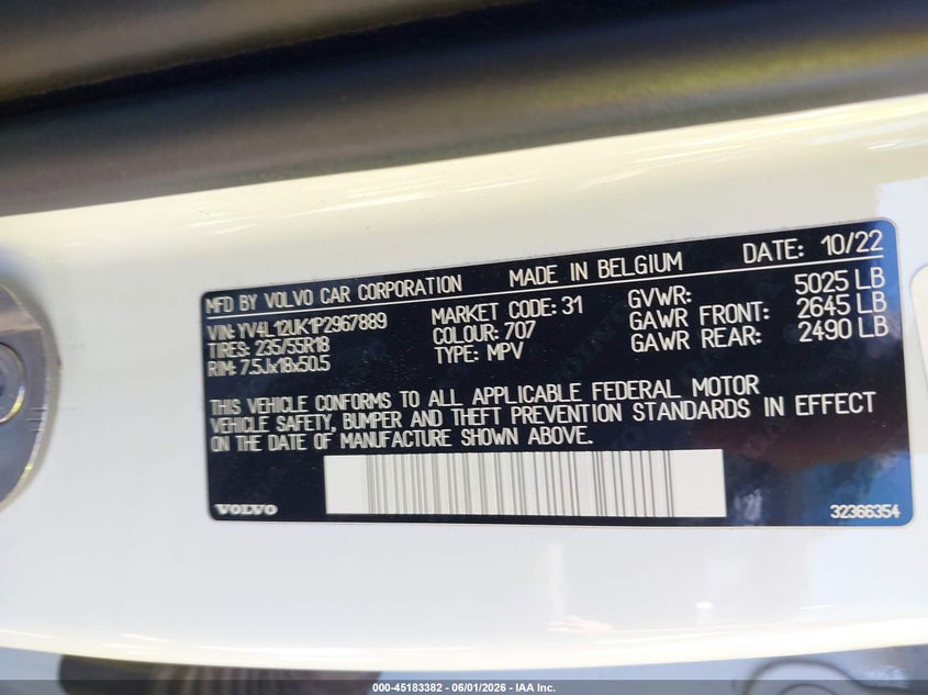 2023 Volvo Xc40 B5 Core VIN: YV4L12UK1P2967889 Lot: 45183382