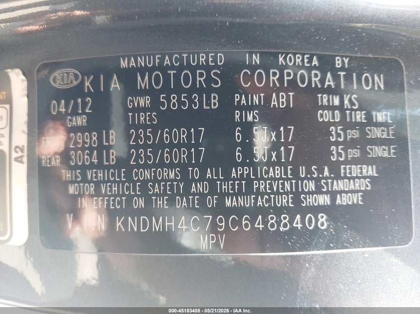 2012 Kia Sedona Ex VIN: KNDMH4C79C6488408 Lot: 45183408
