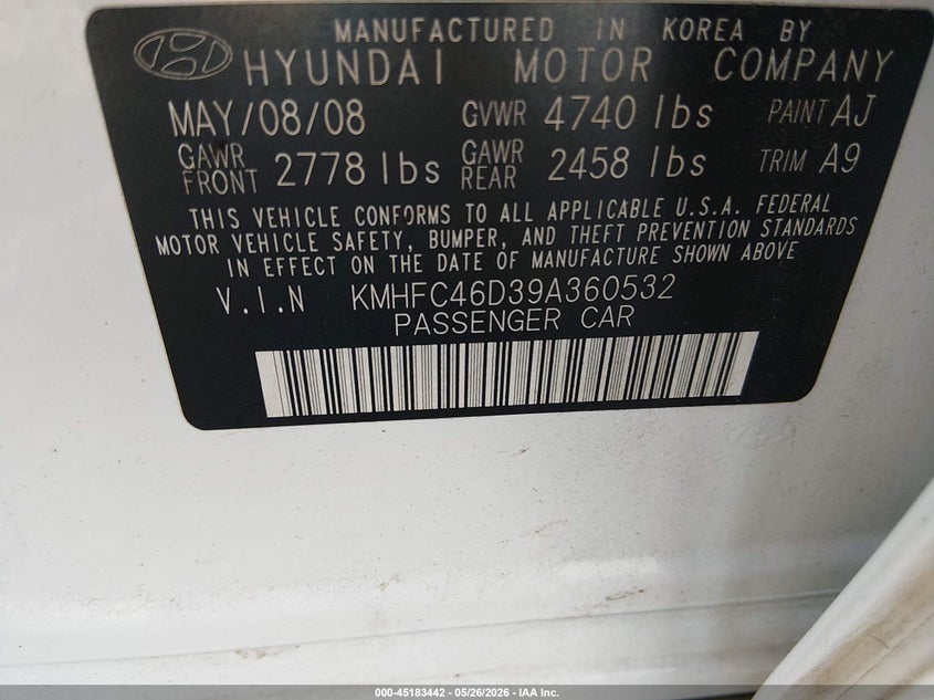 2009 Hyundai Azera Gls VIN: KMHFC46D39A360532 Lot: 45183442