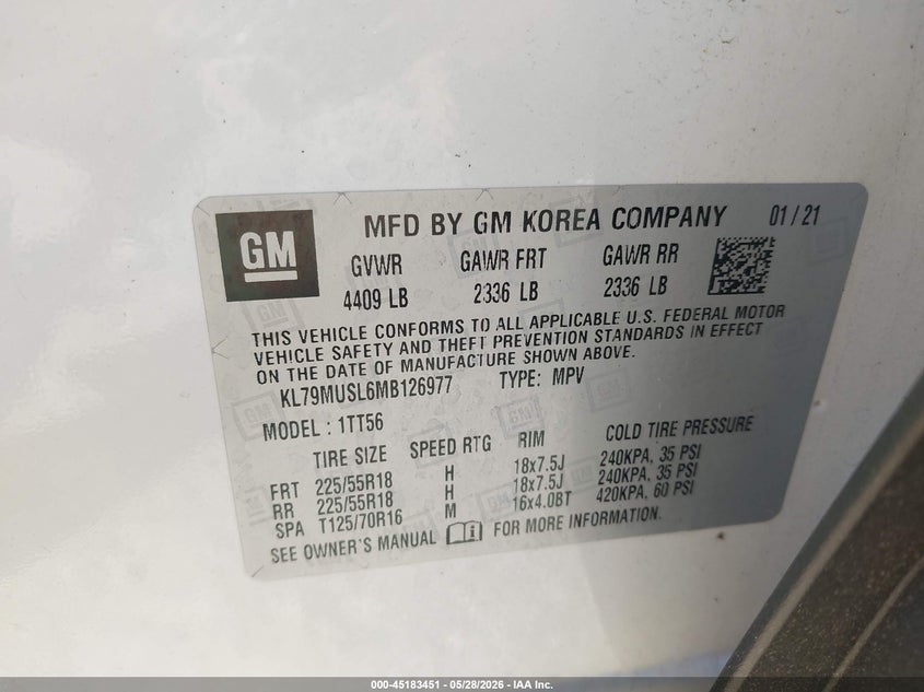 VIN KL79MUSL6MB126977 2021 CHEVROLET TRAILBLAZER AWD RS