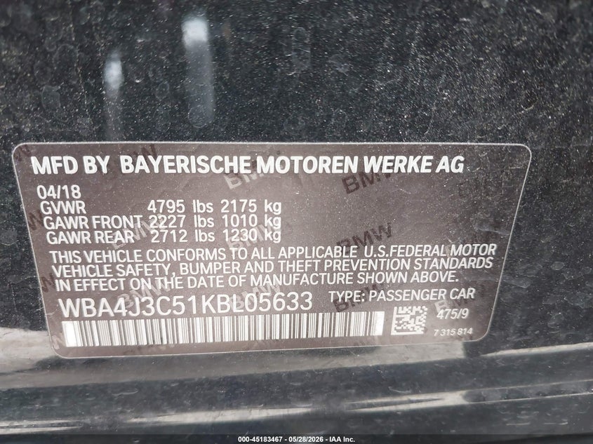 2019 BMW 430I Gran Coupe xDrive VIN: WBA4J3C51KBL05633 Lot: 45183467