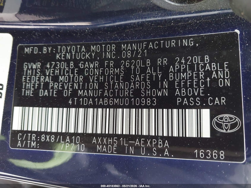 2021 Toyota Avalon Limited Hybrid VIN: 4T1DA1AB6MU010983 Lot: 45183563