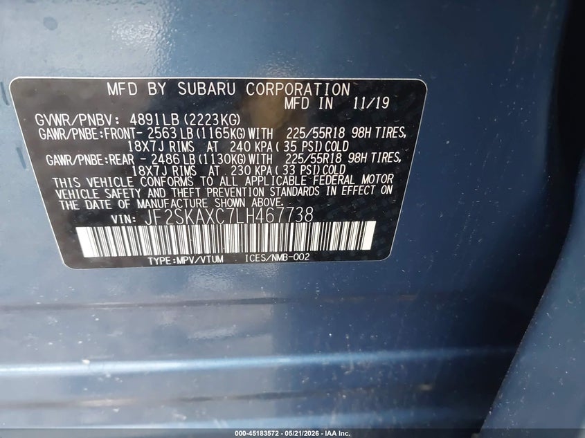 2020 SUBARU FORESTER SPORT UTILITY VEHICLE 2.5L H-4 DI, DOHC, VVT, 182HP