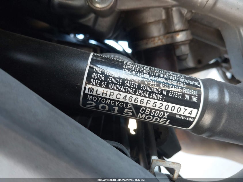 2015 Honda Cb500 X VIN: MLHPC4666F5200074 Lot: 45183618