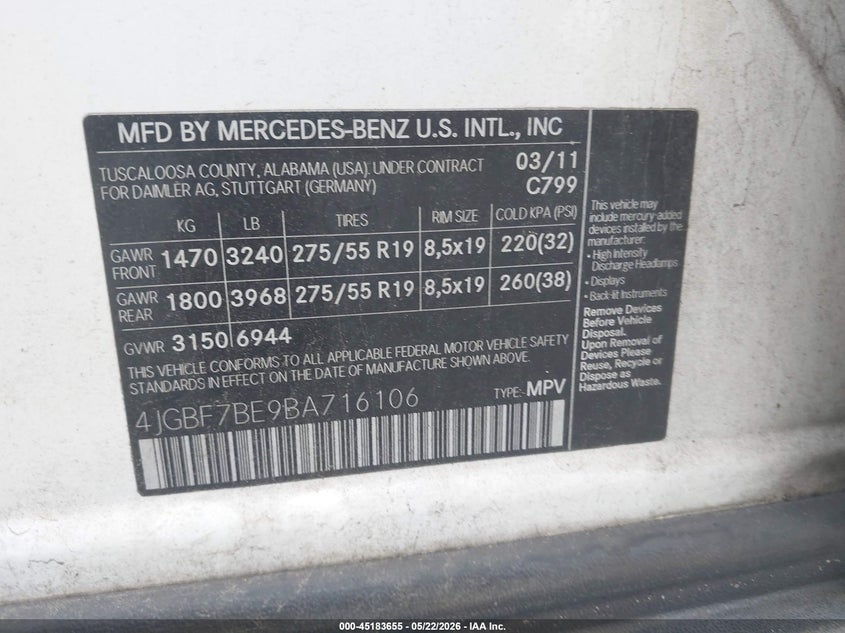 2011 Mercedes-Benz Gl 450 4Matic VIN: 4JGBF7BE9BA716106 Lot: 45183655