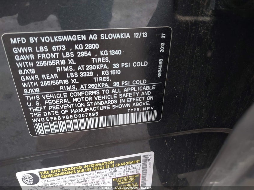 2014 Volkswagen Touareg 3.6L Sport VIN: WVGEF9BP8ED007695 Lot: 45183720