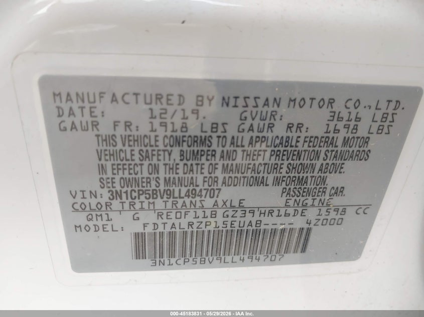 VIN 3N1CP5BV9LL494707 2020 NISSAN KICKS S XTRONIC CVT
