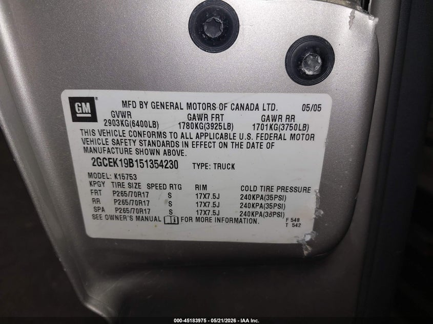 2005 CHEVROLET SILVERADO PICKUP 5.3L V-8 310HP