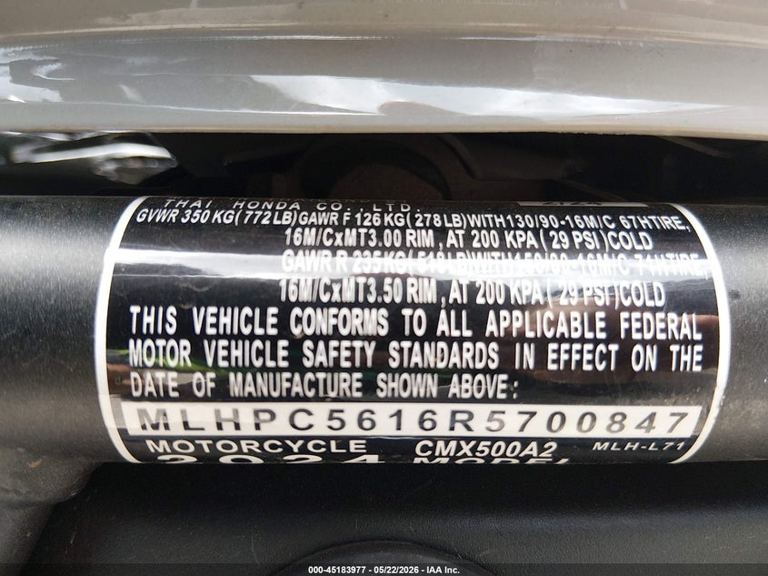 2024 Honda Cmx500 A2 VIN: MLHPC5616R5700847 Lot: 45183977