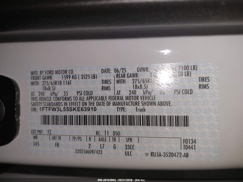 FORD F-150 2025 VIN 1FTFW3L55SKE63910