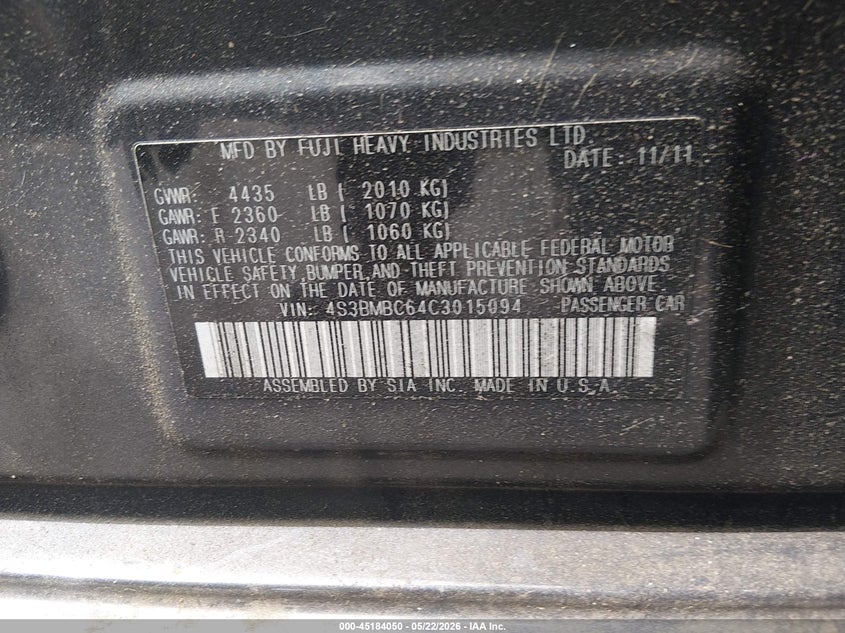 2012 Subaru LEGACY 2.5 2.5I Premium grey Lot 111045184050 Vin 4S3BMBC64C3015094