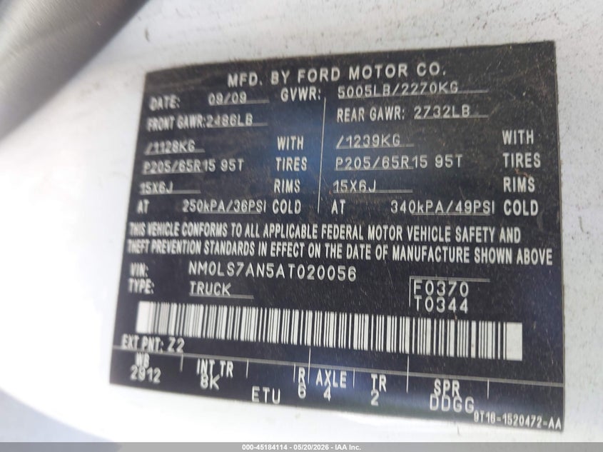 2010 Ford Transit Connect Xl VIN: NM0LS7AN5AT020056 Lot: 45184114