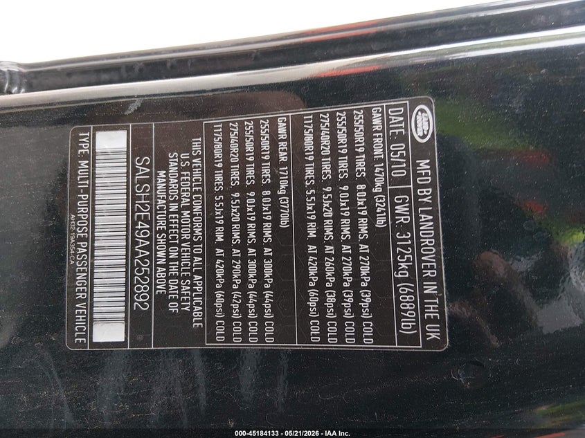 2010 Land Rover Range Rover Sport Supercharged VIN: SALSH2E49AA252892 Lot: 45184133