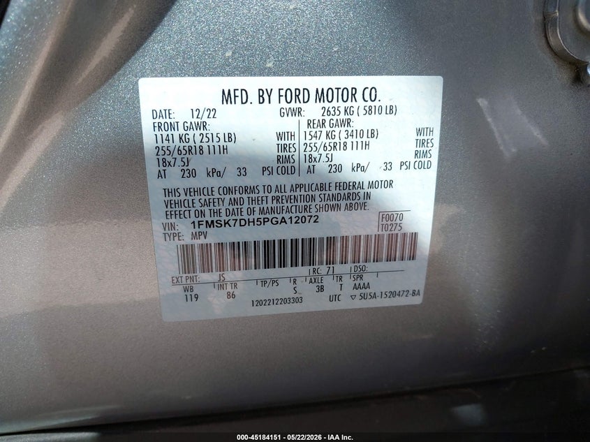 2023 FORD EXPLORER 2.3L I-4 DI, DOHC, V(VIN: 1FMSK7DH5PGA12072
