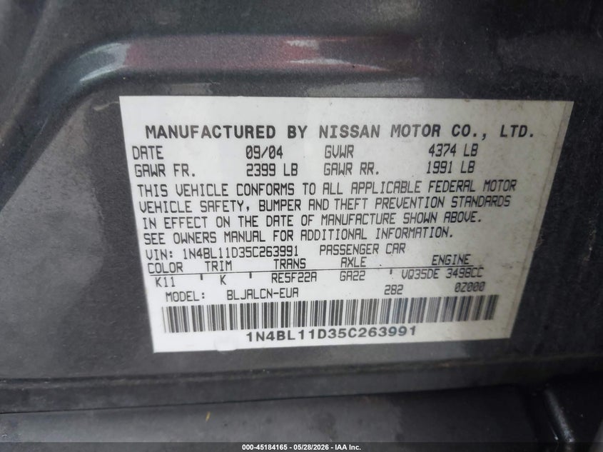 2005 Nissan Altima 3.5 Se VIN: 1N4BL11D35C263991 Lot: 45184165