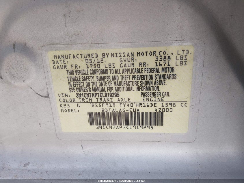 2012 Nissan Versa 1.6 1.6 S White Lot 111045184175 Vin 3N1CN7AP7CL919295