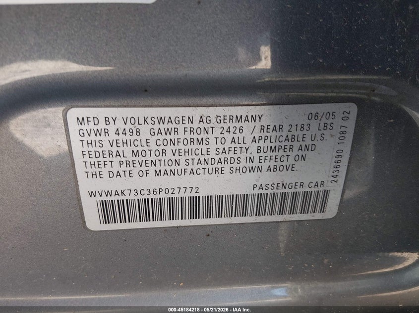 2006 Volkswagen Passat 2.0T/Value Edition VIN: WVWAK73C36P027772 Lot: 45184218