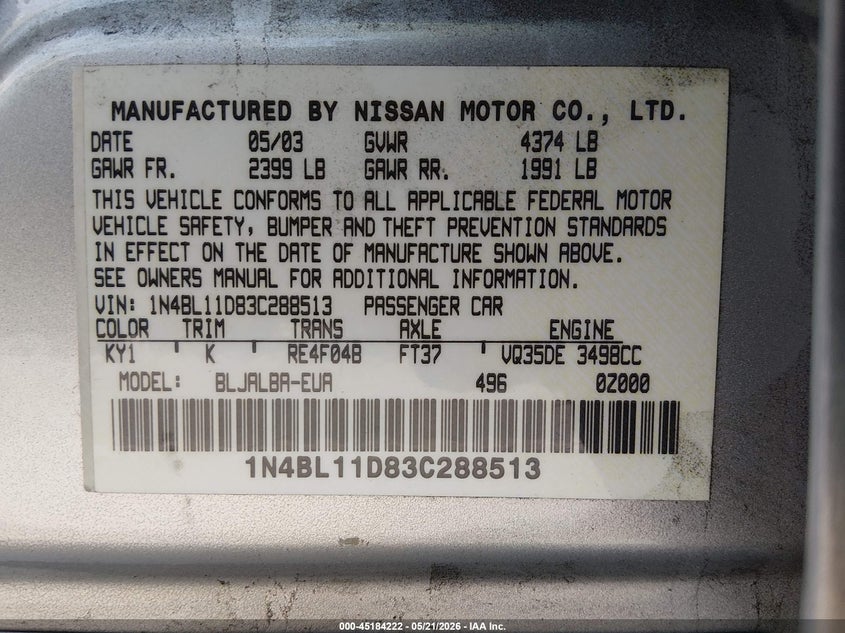 2003 Nissan Altima 3.5 Se VIN: 1N4BL11D83C288513 Lot: 45184222
