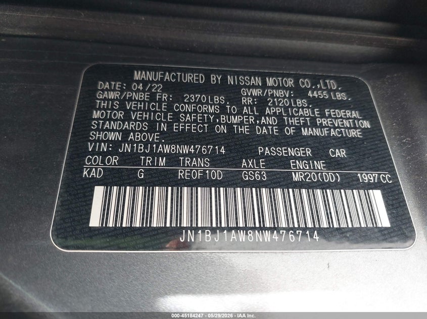 2022 Nissan Rogue Sport S Awd Xtronic Cvt VIN: JN1BJ1AW8NW476714 Lot: 45184247