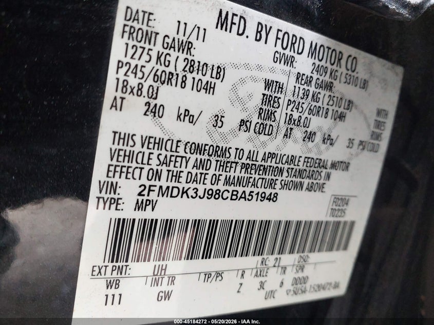 2012 Ford Edge 2.0 Sel black Lot 111045184272 Vin 2FMDK3J98CBA51948