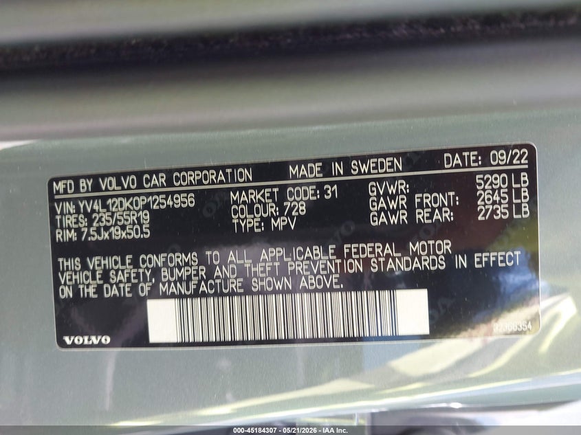 2023 Volvo Xc60 B5 Core VIN: YV4L12DK0P1254956 Lot: 45184307