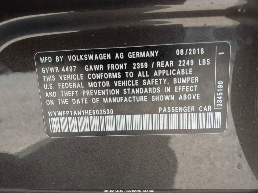 2017 Volkswagen Cc 2.0T R-Line Executive VIN: WVWFP7AN1HE503530 Lot: 45184345