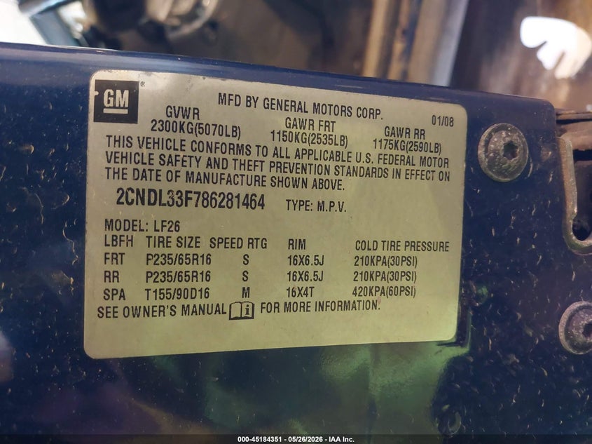 2008 Chevrolet Equinox Lt VIN: 2CNDL33F786281464 Lot: 45184351