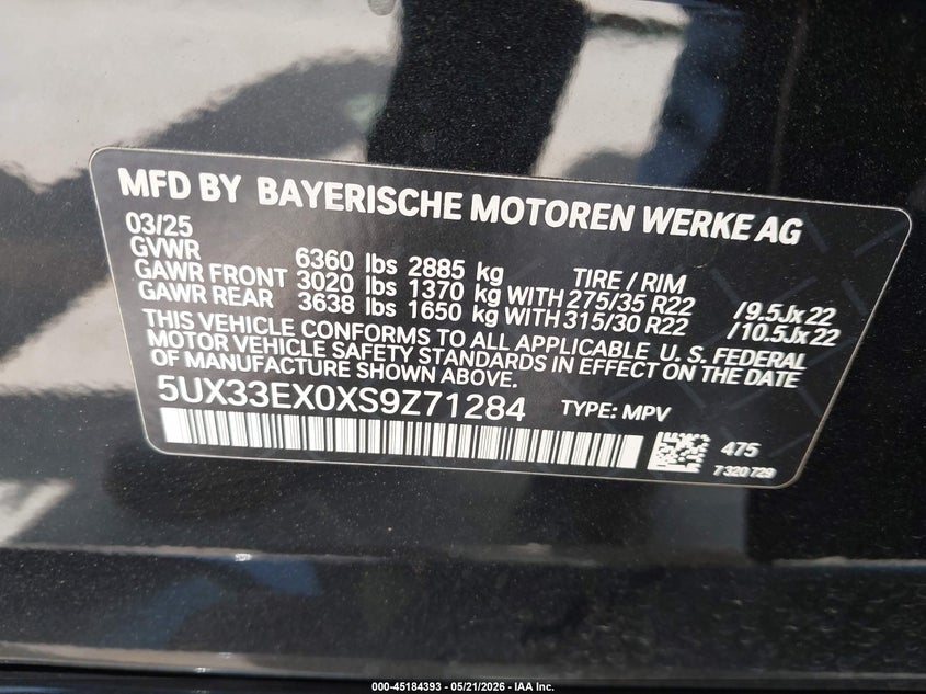 VIN 5UX33EX0XS9Z71284 2025 BMW X6 XDRIVE40I