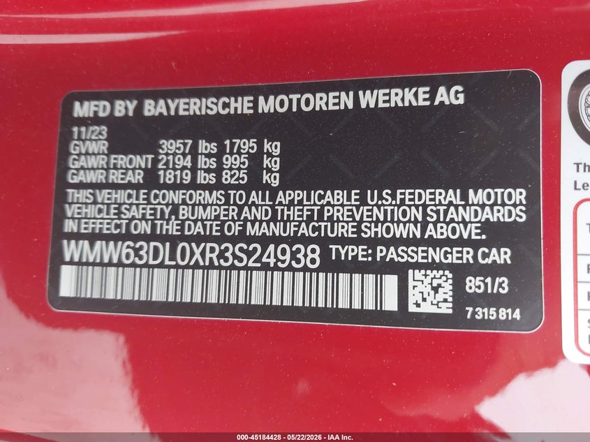 2024 Mini Convertible John Cooper Works VIN: WMW63DL0XR3S24938 Lot: 45184428