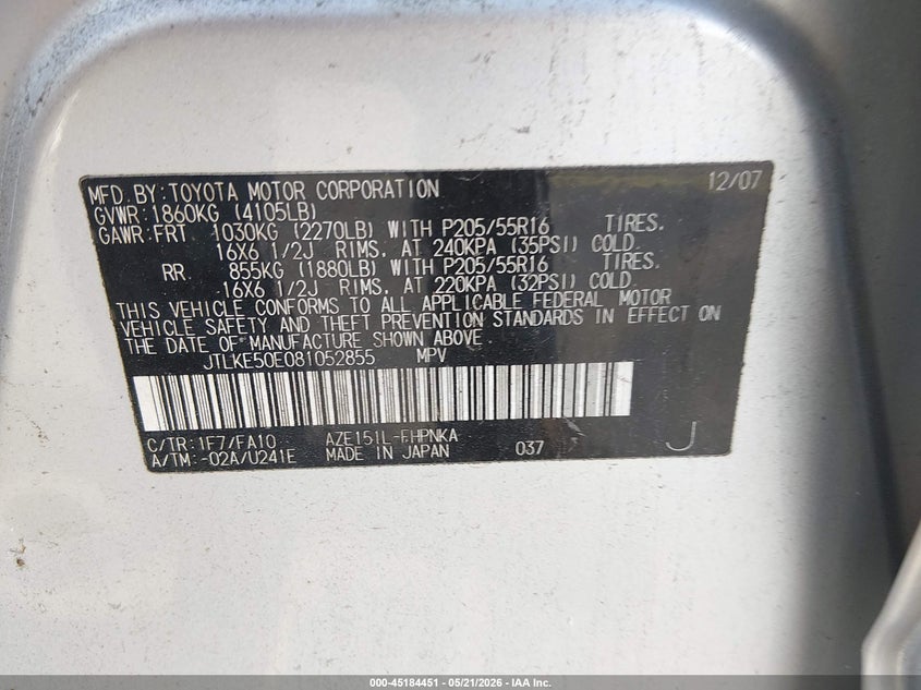 2008 Scion Xb VIN: JTLKE50E081052855 Lot: 45184451
