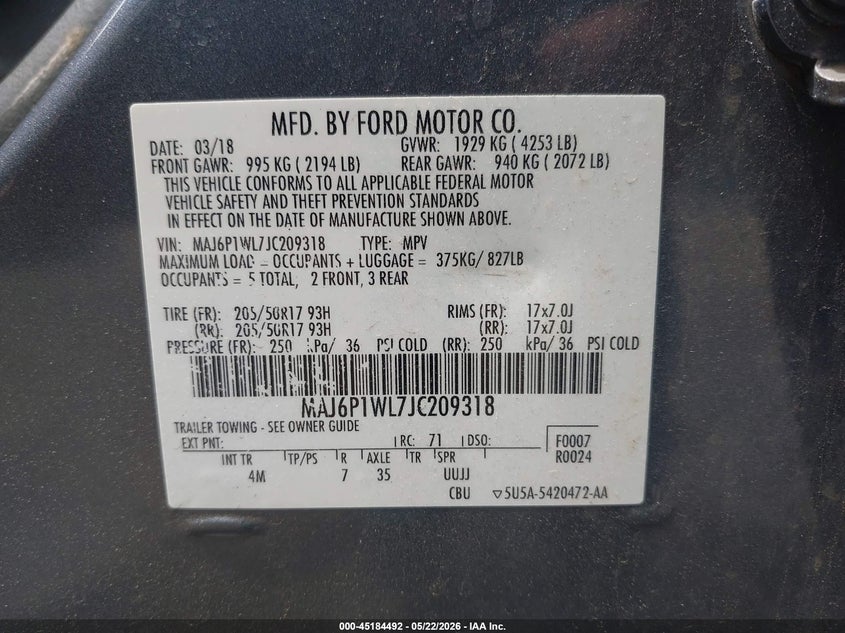 2018 Ford Ecosport Titanium VIN: MAJ6P1WL7JC209318 Lot: 45184492