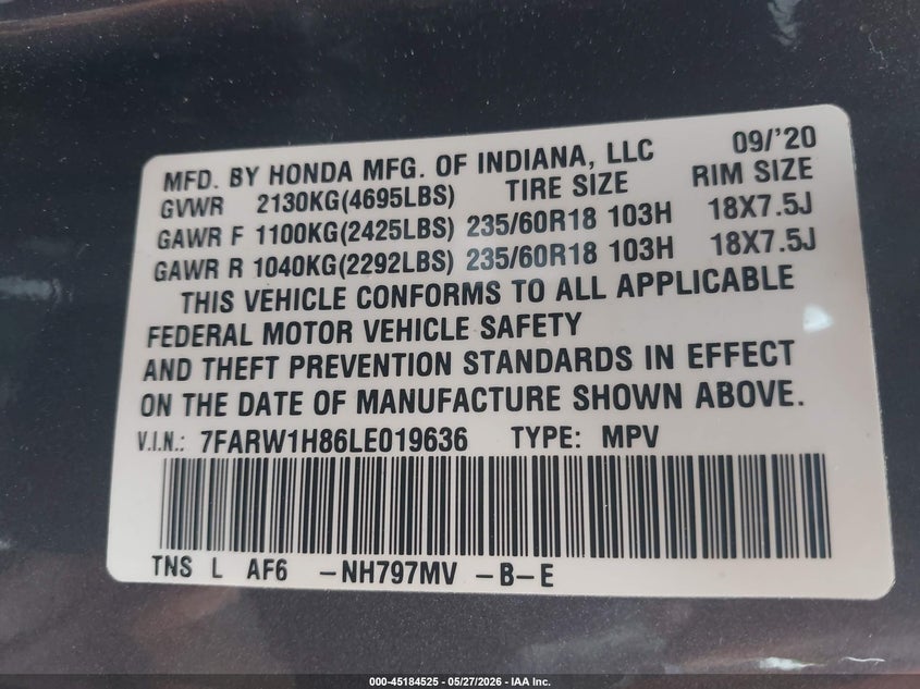 VIN 7FARW1H86LE019636 2020 HONDA CR-V 2WD EX-L