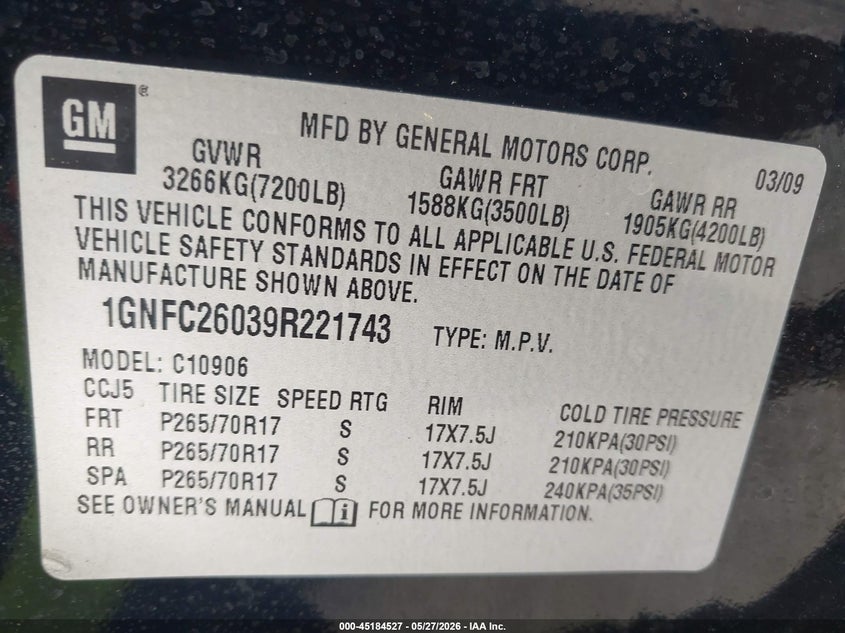 2009 Chevrolet Suburban 1500 Lt2 VIN: 1GNFC26039R221743 Lot: 45184527