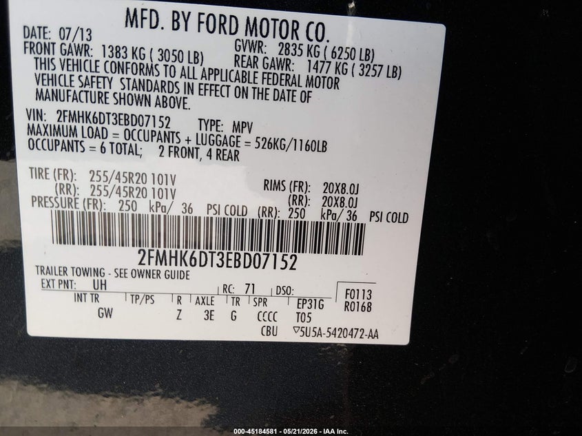 2014 Ford Flex Limited VIN: 2FMHK6DT3EBD07152 Lot: 45184581