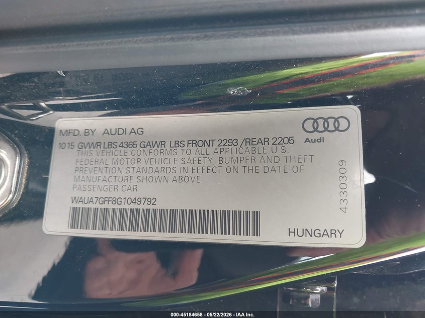 2016 Audi A3 1.8T Premium VIN: WAUA7GFF8G1049792 Lot: 45184658