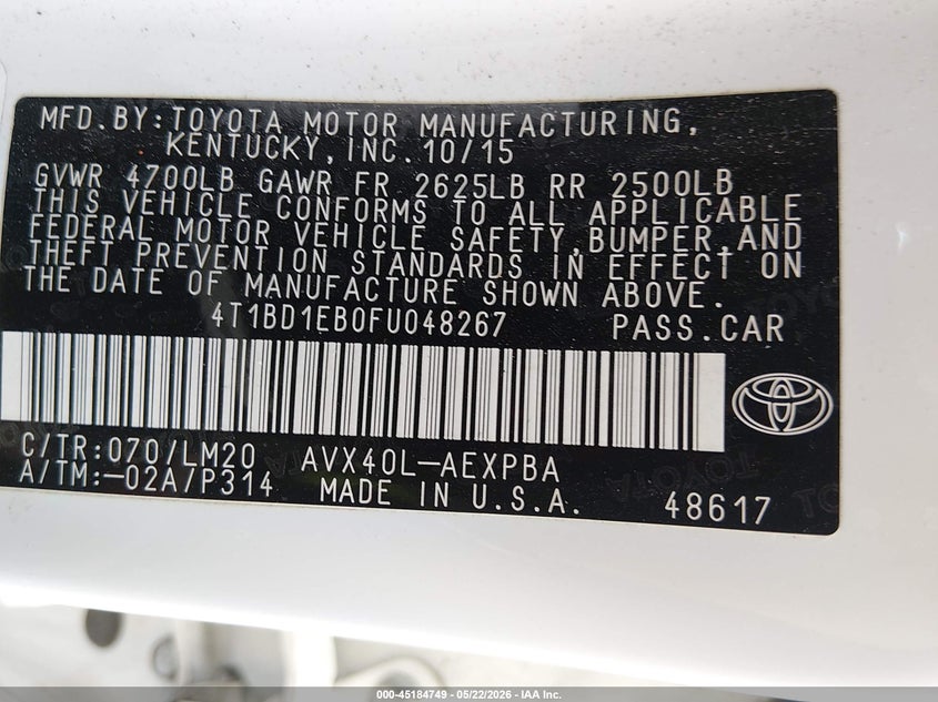 2015 Toyota Avalon Hybrid Limited VIN: 4T1BD1EB0FU048267 Lot: 45184749